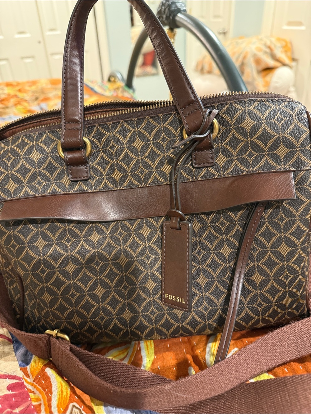 Fossil Brown Patterned Messenger Bag with Leather Trim